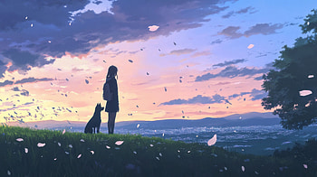 Bonded Hearts Girl And Dog When Tomorrow Comes, anime-girl, dog, sky, tree, artist, artwork, art, digital-art, ai, deviantart HD wallpaper