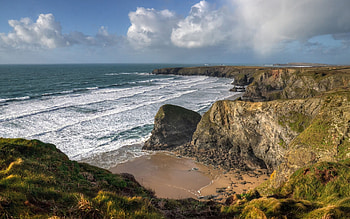 North coast of Cornwall, UK, rocks, beach, coast, sea, England, clouds HD wallpaper
