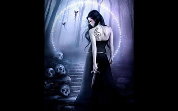 Girl with skulls and a knife, goth, girl, abstract, fantasy HD wallpaper