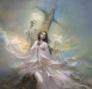 Resurrection, frumusete, bones, art, cross, skeleton, skull, gorgeous, girl, user 23385, user23385, gigi, fantasy, luminos HD wallpaper