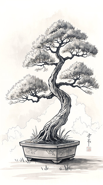 Serene Bonsai Tree: Elegant for Tranquil Vibes, tree, illustration, monochrome HD phone wallpaper