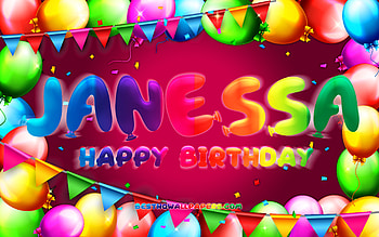 Happy Birtay Janessa, , colorful balloon frame, Janessa name, purple background, Janessa Happy Birtay, Janessa Birtay, popular american female names, Birtay concept, Janessa HD wallpaper