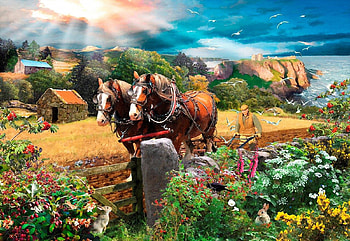 Good Old Times, sunshine, horses, painting, field, flowers, sky HD wallpaper