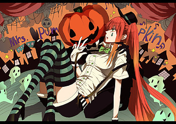 hallowen vocaloid, miku, orange hair, long hair, monsthers, green eyes, orange HD wallpaper