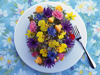 Plate of petals, flowers, fork, plate, petals HD wallpaper