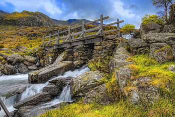 Mountain bridge, wooden, river, creek, hills, slope, beautiful, grass, stones, mountain, summer, bridge, nature, sky, water, lovely, stream HD wallpaper