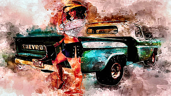 Cowgirl Art, cowgirls, brunettes, chevy truck, art HD wallpaper
