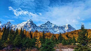 Fall colours at Larch Valley, Banff National Park, Alberta, mountains, forest, canada, clouds, trees, sky HD wallpaper
