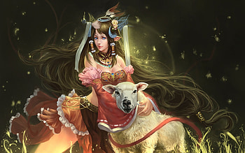 Fantasy girl, animal, pink, fantasy, art, sheep, lin chen, girl, luminos HD wallpaper