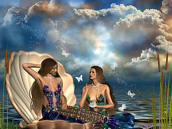 mermaids, shell, butterflies, sisters, moonlight HD wallpaper