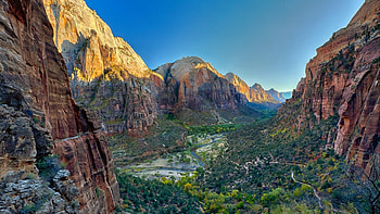 spectacular view of a canyon, river, shadow, cliffs, canyon, trees, mountains HD wallpaper