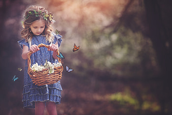 Little Girl, Basket, Dress, Butterflies, Flowers, Child HD wallpaper