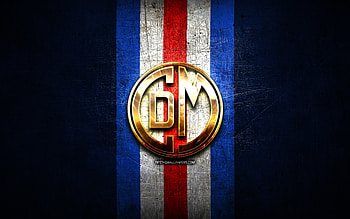 Deportivo Municipal FC, golden logo, Liga 1 Apertura, blue metal background, football, peruvian football club, Deportivo Municipal logo, soccer, Club Centro Deportivo Municipal HD wallpaper
