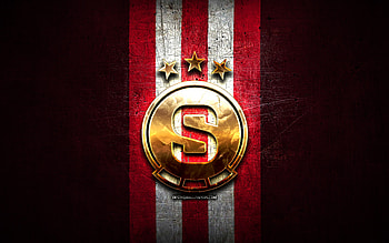 Sparta Prague FC, golden logo, Czech First League, red metal background, football, czech football club, Sparta Prague logo, soccer, AC Sparta Prague HD wallpaper
