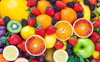 different fruits, background with different fruits, strawberries, oranges, grapes, lemon, melon, fruits HD wallpaper