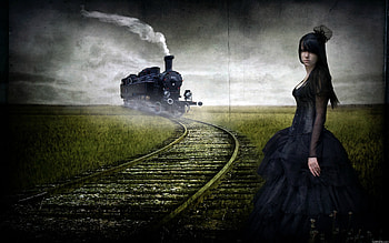 Fantasy Train coming, rail, lady, fantasy, train, steam HD wallpaper