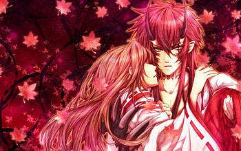 I'll protect you!, yellow eyes, kimono, red hair, long hair, beauty, nice, miko, couple, female, magic, horns, lovers, beautiful, monster, demon, anime girl, spirit, leaves, anime, fantasy, pretty, love, brown hair, anime boy HD wallpaper