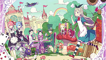 Rem (Re:zero), Anime, Re:zero Starting Life In Another World, Alice In Wonderland, Beatrice (Re:zero), Bird, Bunny Ears, Card, Cat, Crown, Dress, Emilia (Re:zero), Mushroom, Pack (Re:zero), Rainbow, Ram (Re:zero), Roswaal L Mathers, Subaru Natsuki, Tea Cup HD wallpaper
