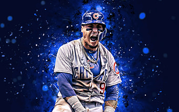 Javier Baez, , Chicago Cubs, MLB, shortstop, baseball, El Mago, Ednel Javier Baez, blue neon lights, Javier Baez Chicago Cubs, Javier Baez HD wallpaper