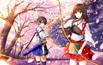 Kantai Collection, blue, kimono, cute, long hair, shirt, beauty, lady, arrows, short hair, cherry blossom, female, friends, bow, skirt, sweet, white, art, frienship, girl, beautiful, anime, pretty, red, brown hair, flowers, women, lovely HD wallpaper