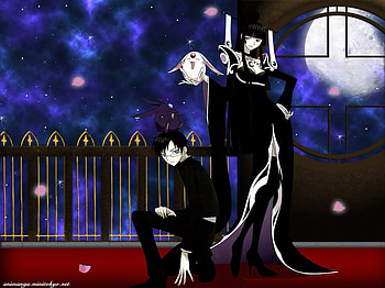 xxxholic balcony, blue, yuuko, white, xxxholic, black, mokona, witch, anime, moon, watanushi, cool, sky, cloud HD wallpaper