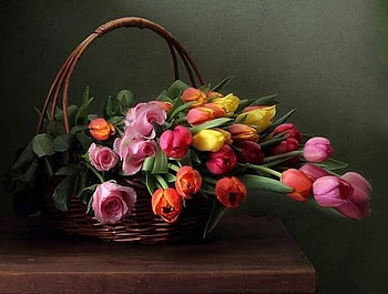 Bouquet of Tulips, Tulips, Colorful, Bouquet, Basket HD wallpaper