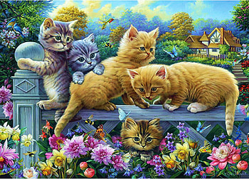 Kittens On A Fence, painting, trees, garden, cottage, flowers HD wallpaper