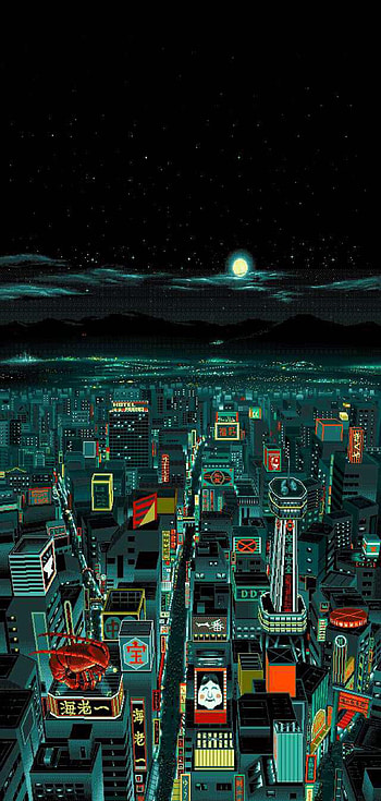 iOS 11, X, 10, night, black, city, neon, sky, stars, moon, abstract, apple, , 8, clean, beauty,. Art , Pixel art, Cityscape, Japanese Pixel HD phone wallpaper