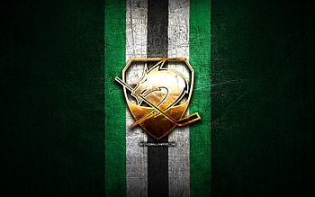 HK Olimpija, golden logo, ICE Hockey League, green metal background, austrian hockey team, HK Olimpija logo, hockey HD wallpaper