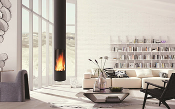 stylish apartment design, living room, hanging metal fireplace, library, living room project, modern interiors HD wallpaper
