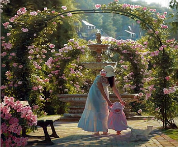 First Steps, bench, garden, baby, cat, mom, fountain, trees, flowers, water, trellis HD wallpaper