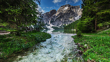River to the Lake Braies, South Tyrol, Italy, dolomites, alps, mountains, landscape, trees, rocks HD wallpaper