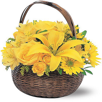 floral basket, basket, rose, gerber, yellow, floral, lily HD wallpaper
