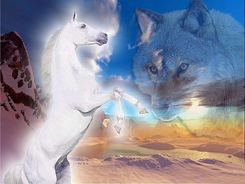 The Horse Fright from the Might Wolf, horses, wolves, sky, nature, mountains HD wallpaper