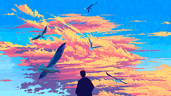 Birds In Cloudy Skies, artist, artwork, digital-art, pixiv HD wallpaper