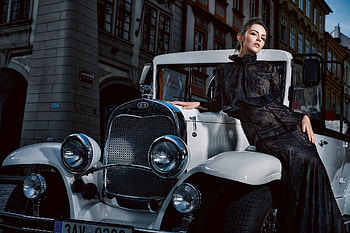 Beauty, white, black, model, car, girl, dress, woman, retro, vintage HD wallpaper