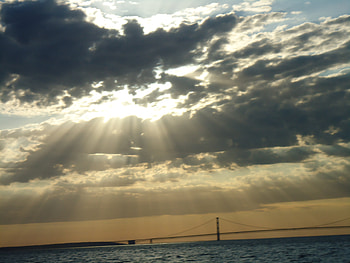 Sunset with Mackinac Bridge, bridge, mackinac, sunset, beauty HD wallpaper