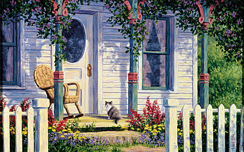 Spring Shadows, flowers, fence, house, chair, artwork, painting HD wallpaper