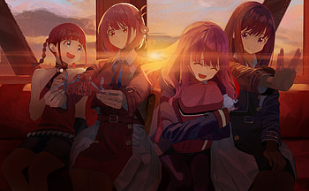 Anime Crossover: Chise, Yume, Takina & Chisato Unite at Sunset, Yume Minami, Takina Inoue, Chisato Nishikigi, Anime, crossover HD wallpaper