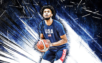 Marvin Bagley, grunge art, USA Basketball Mens National Team, blue abstract rays, Marvin Bagley III, basketball, US mens national basketball team, Marvin Bagley HD wallpaper
