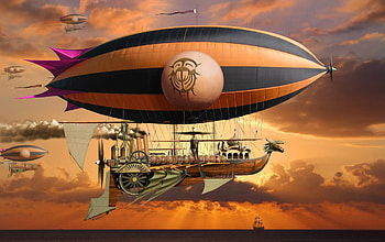 Steampunk Airship, clouds, ship, sky, art HD wallpaper
