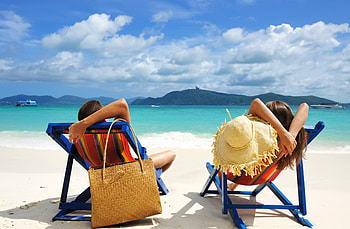Relaxing, sea, chairs, woma, man, clouds, sky HD wallpaper