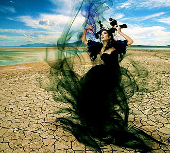 GREEN FANTASY, model, fantasy, art, green, clouds, desert, sky, dress HD wallpaper