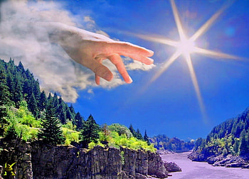 Hand of God, blue, god, clouds, trees, sky, mountains, sun, hand HD wallpaper