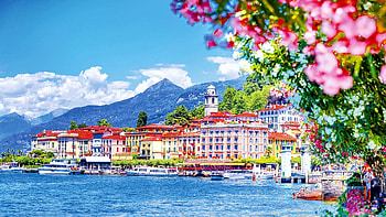 Bellagio, Lake Como, Italy, blossoms, clouds, landscape, sky, mountains, water, village HD wallpaper