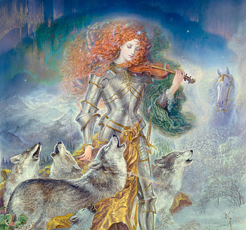 Choral, girl, redhead, lup, wolf, violin, frumusete, art, gorgeous, superb, instrument, fantasy HD wallpaper