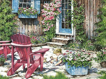 In the garden, little girl, windows, house, garden, girl, chairs, playing, sitting, painting, door, nature, flowers HD wallpaper