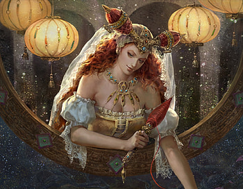 Ariadne, frumusete, girl, hand, fantasy, rakuen, redhead, luminos, lantern HD wallpaper