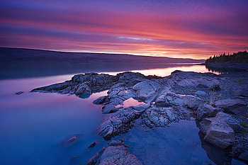 Summer Day's Ending, summer, nature, lake, sunset, rock HD wallpaper