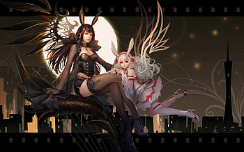 Angels, wings, black, girl, angel, dark, pink, anime, moon, fantasy, luna, manga HD wallpaper